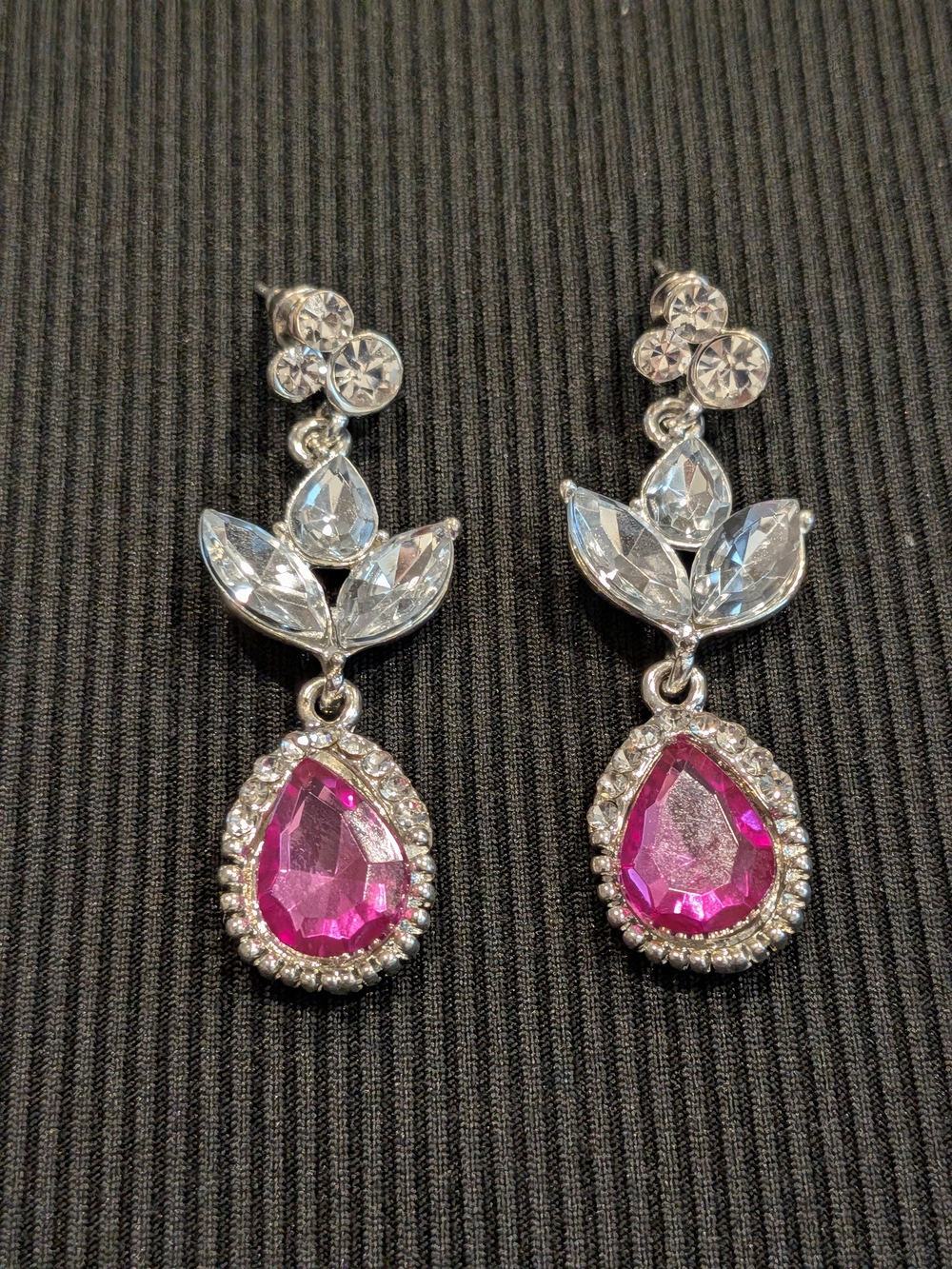 B#3: Silver Tone Pink Teardrop Crystal Drop Earrings